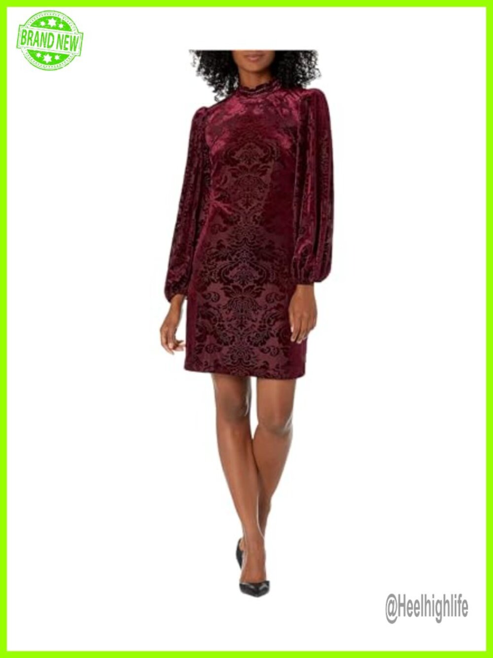 Velvet Burnout High Neck Ruffle Shift Dress Voluminous Long Sleeve Mini